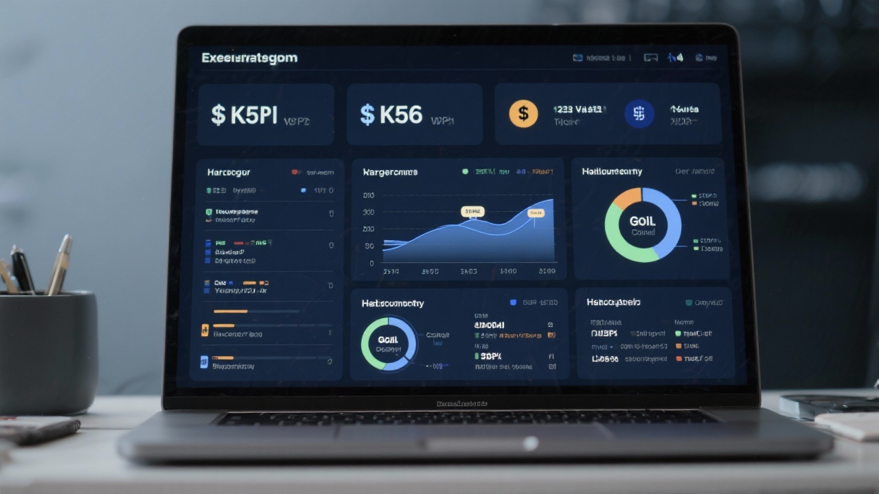 Executive dashboard showing financial KPIs, variance charts, headcount metrics and goal tracking widgets on a laptop display