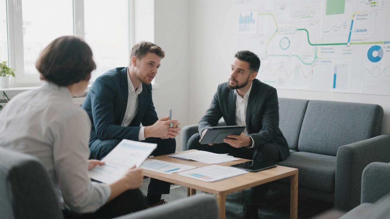 Client meeting area with entrepreneur discussing project roadmap with analytics consultant while referencing documents and digital tablet