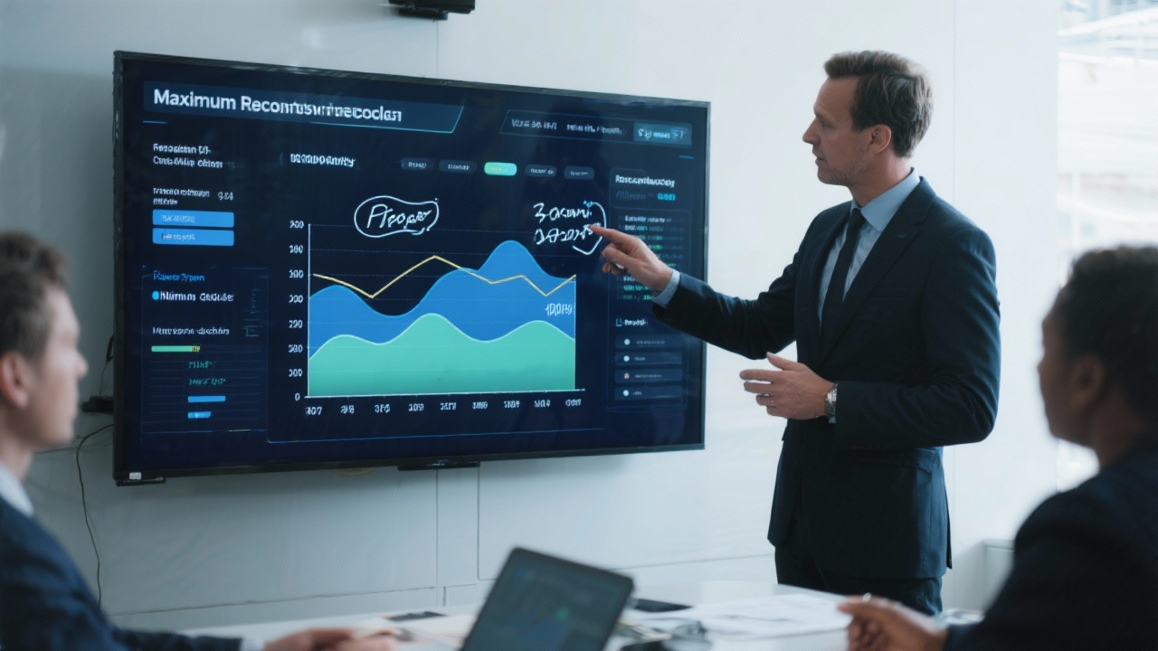 Business consultant presenting layered forecasting scenarios on a digital screen with touch interface and collaborative annotations